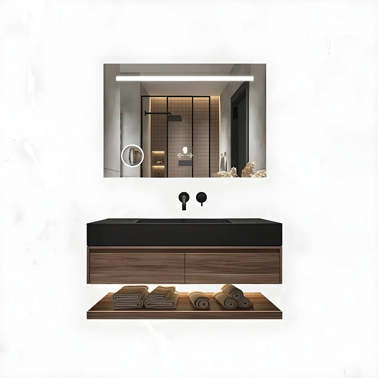 Spacious Wall Mounted Modern Stone Top Sink Bathroom Vanity Image - 3