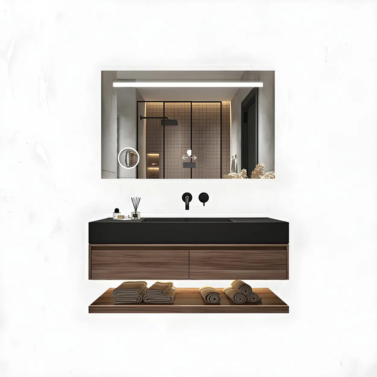 Spacious Wall Mounted Modern Stone Top Sink Bathroom Vanity Image - 6