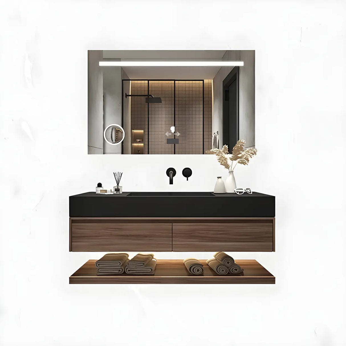 Spacious Wall Mounted Modern Stone Top Sink Bathroom Vanity Image - 7