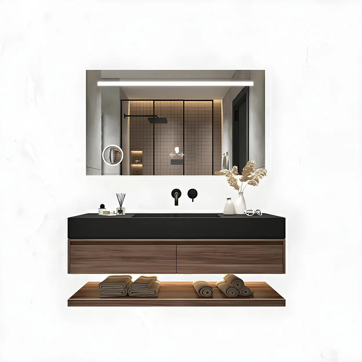 Spacious Wall Mounted Modern Stone Top Sink Bathroom Vanity Image - 9