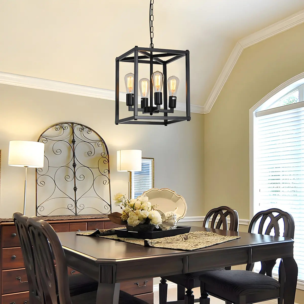 Square Black Metal Dining Room Edison Bulb Chandelier Image - 3