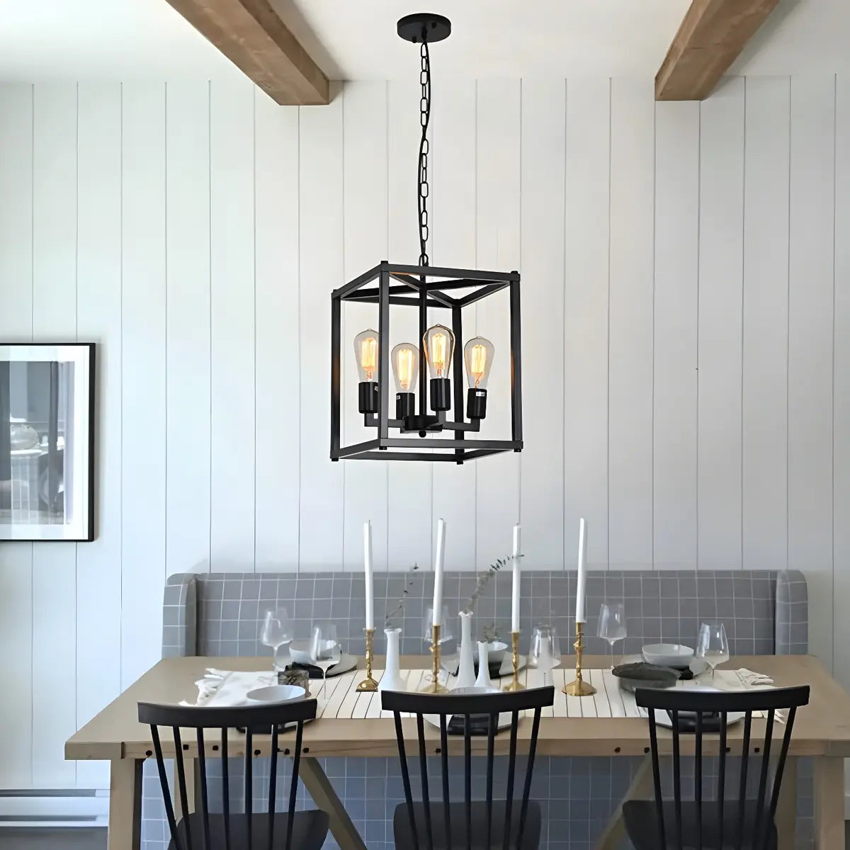 Square Black Metal Dining Room Edison Bulb Chandelier Image - 4