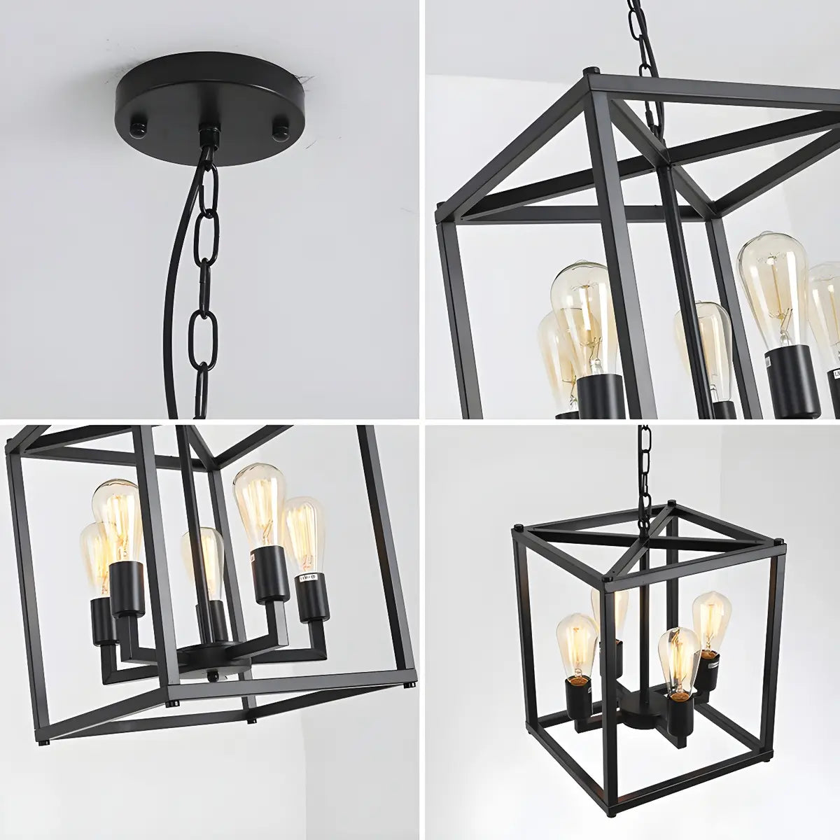 Square Black Metal Dining Room Edison Bulb Chandelier Image - 6
