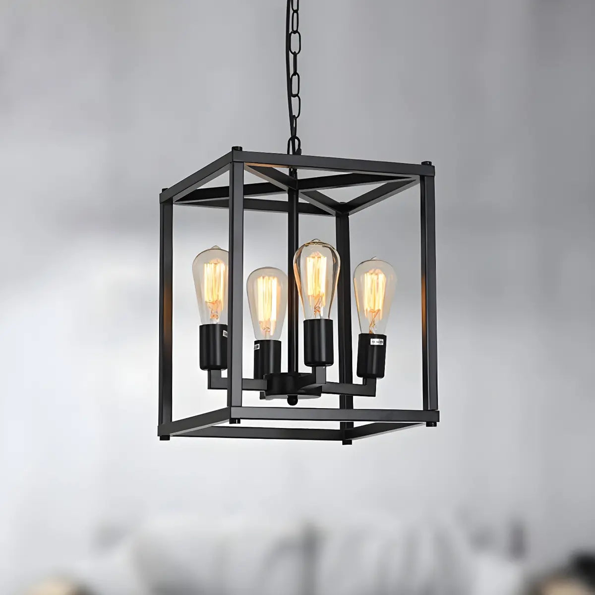 Square Black Metal Dining Room Edison Bulb Chandelier Image - 9