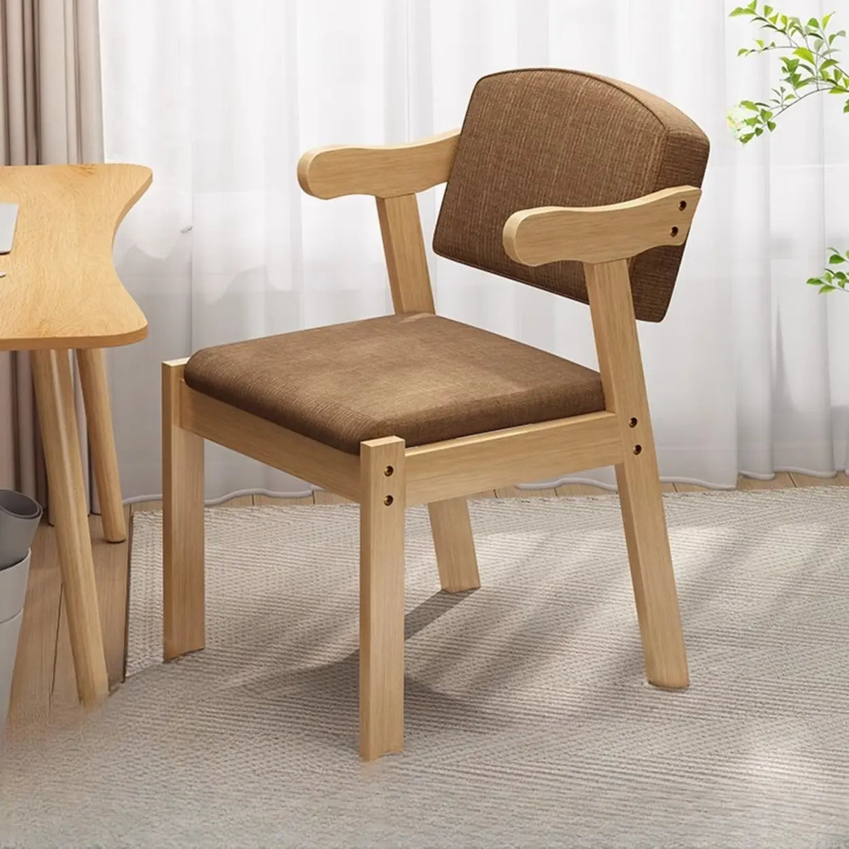 Square Fabric Cushioned Wooden Arm Dining Chairs Coffee Image - 2