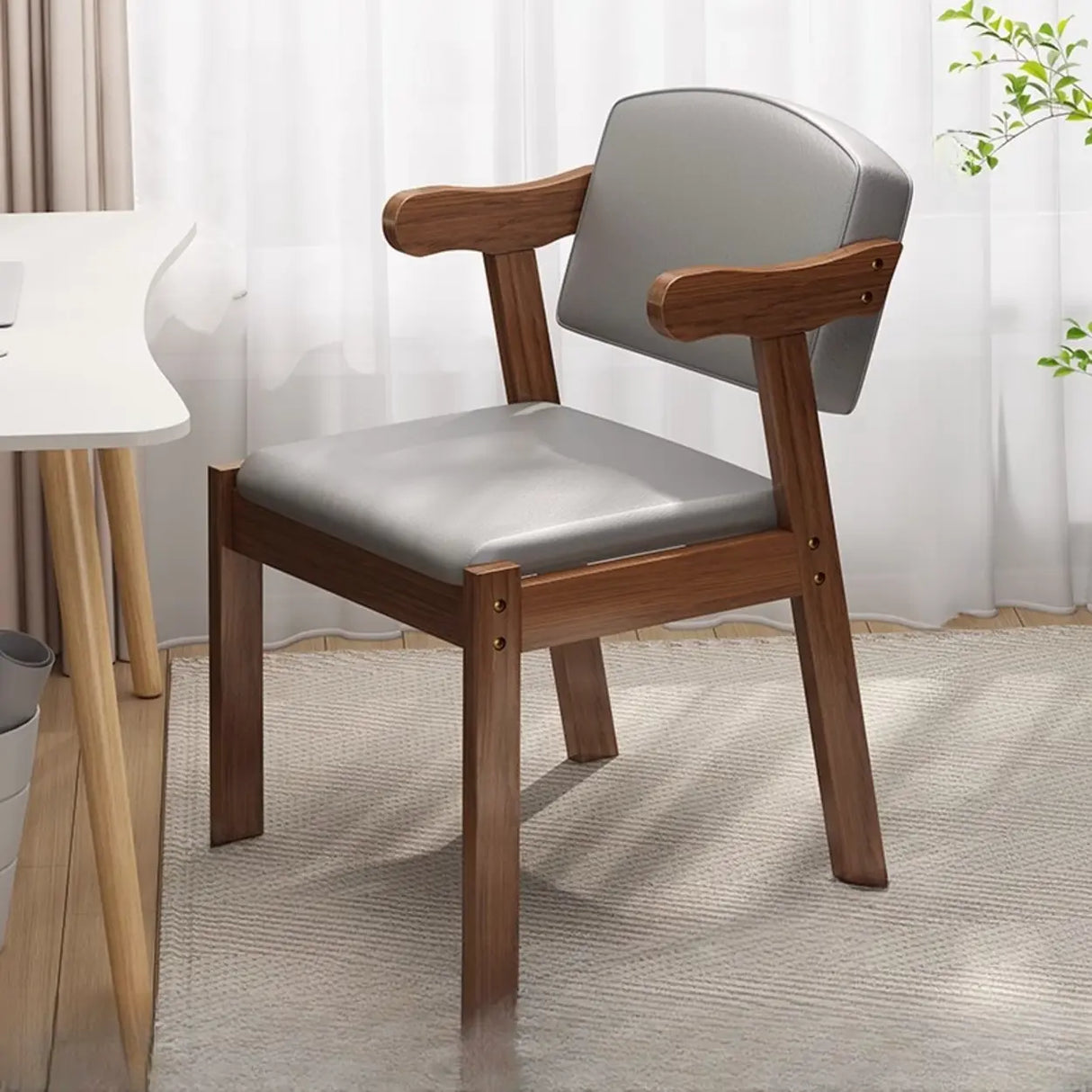 Square Fabric Cushioned Wooden Arm Dining Chairs Coffee Image - 4