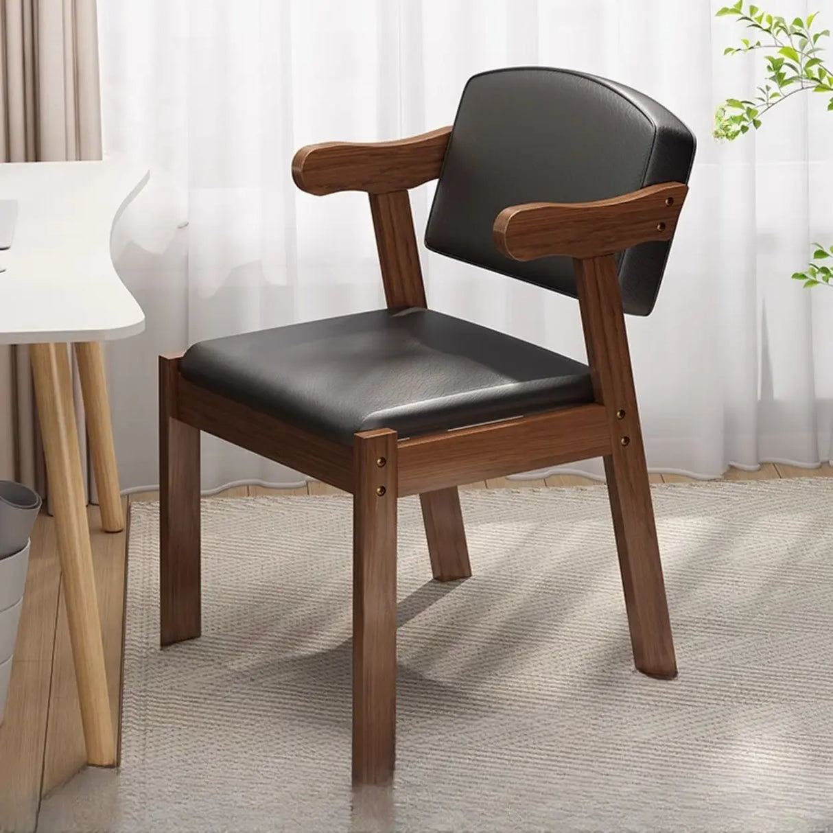 Square Fabric Cushioned Wooden Arm Dining Chairs Coffee Image - 6