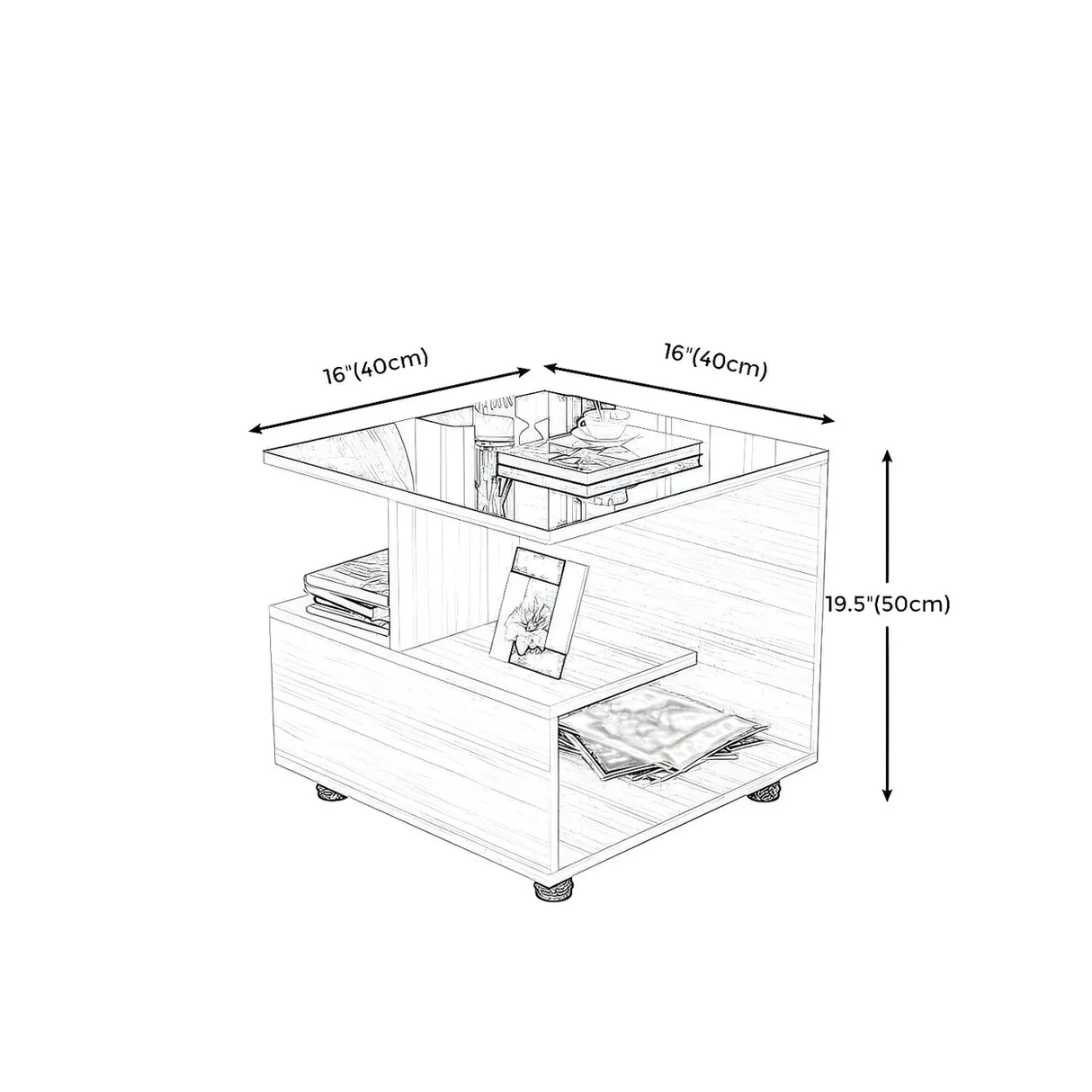 Square Glass and Wood Base White Shelved Side Table
