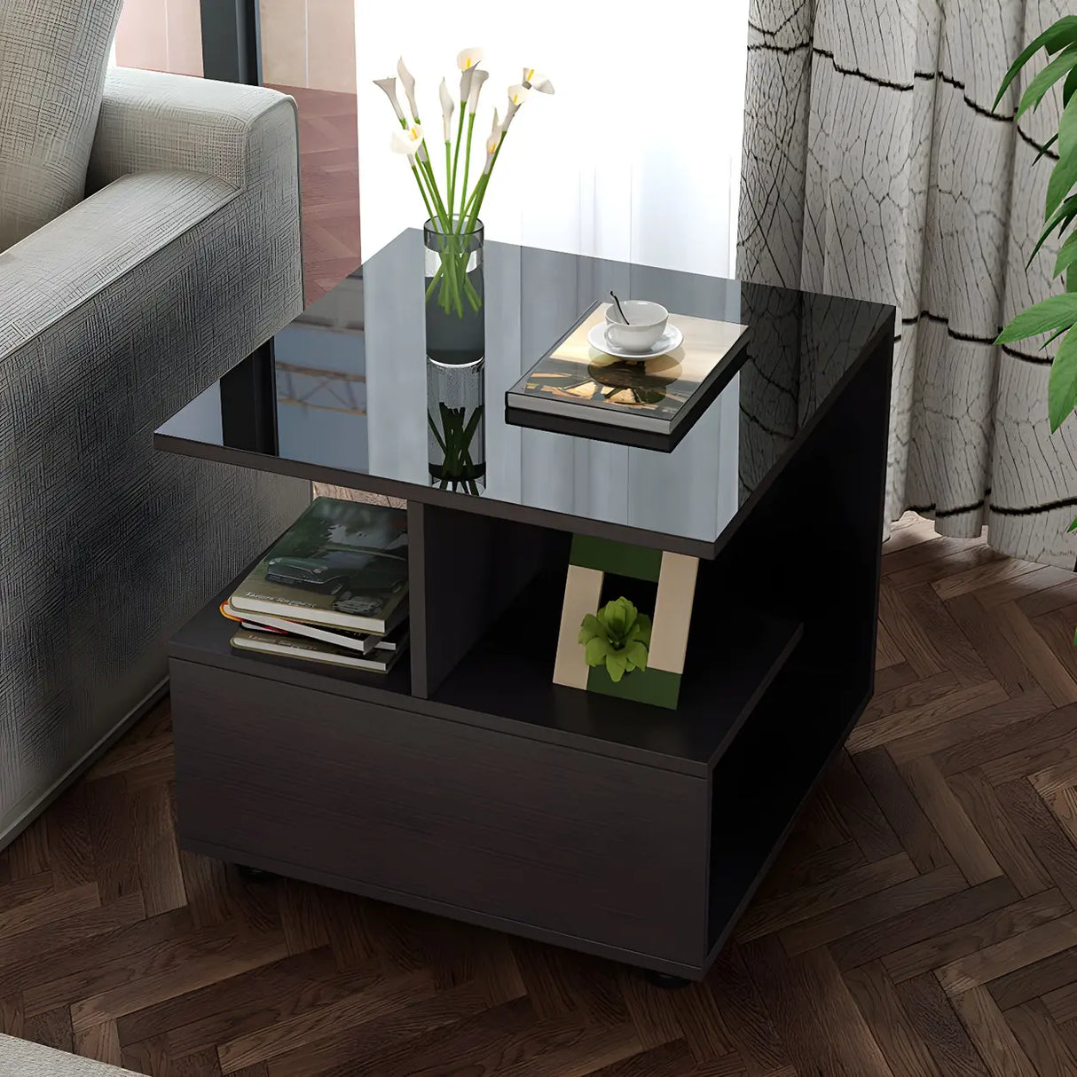 Square Glass and Wood Base White Shelved Side Table Image - 5
