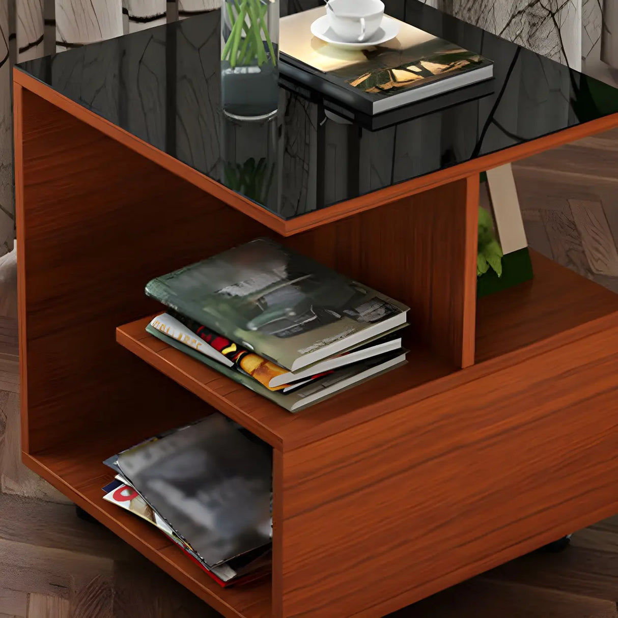 Square Glass and Wood Base White Shelved Side Table Image - 8