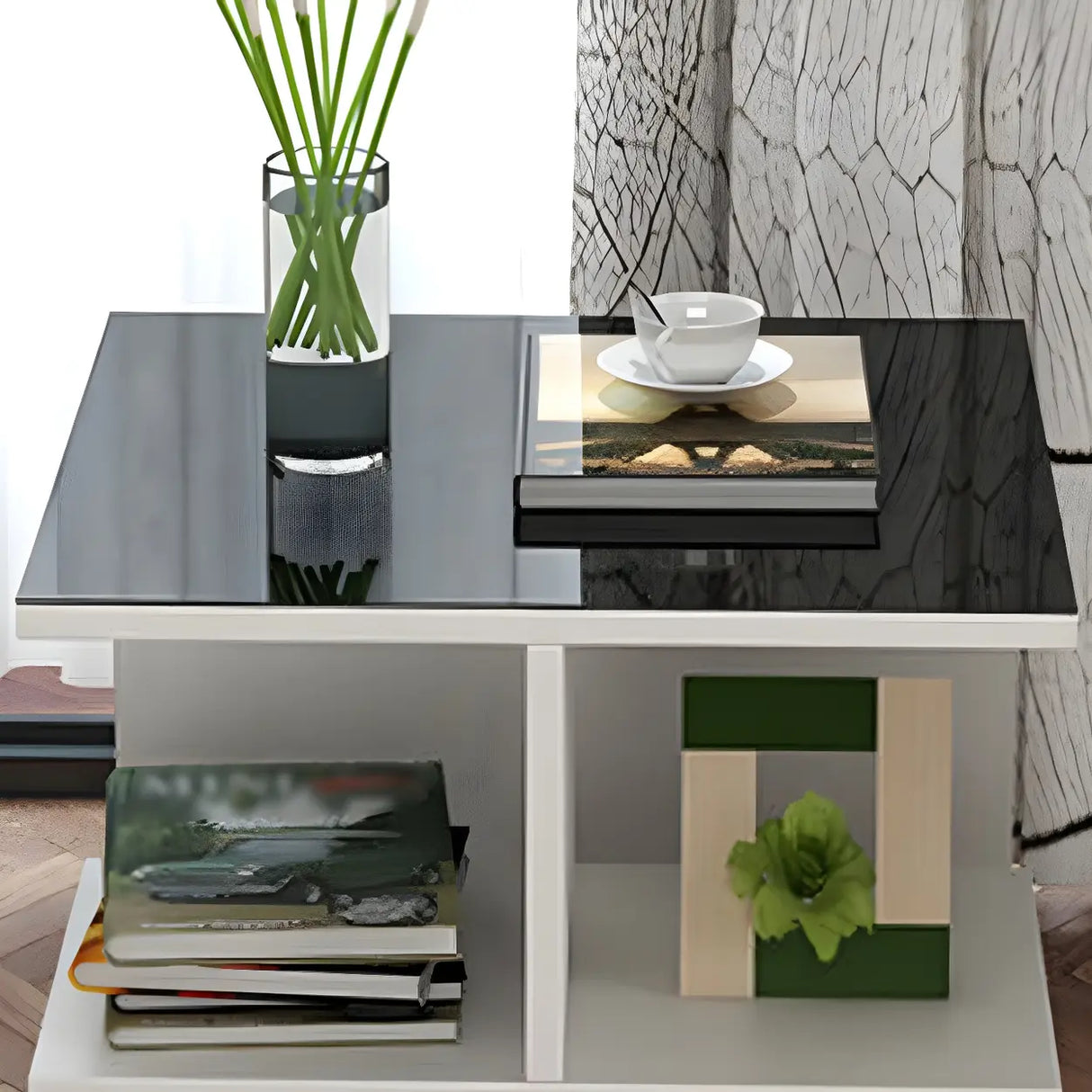 Square Glass and Wood Base White Shelved Side Table Image - 9