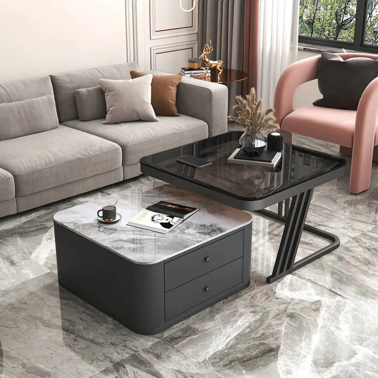 Square Glass Top Steel Frame Nesting Tables with Drawer Image - 12