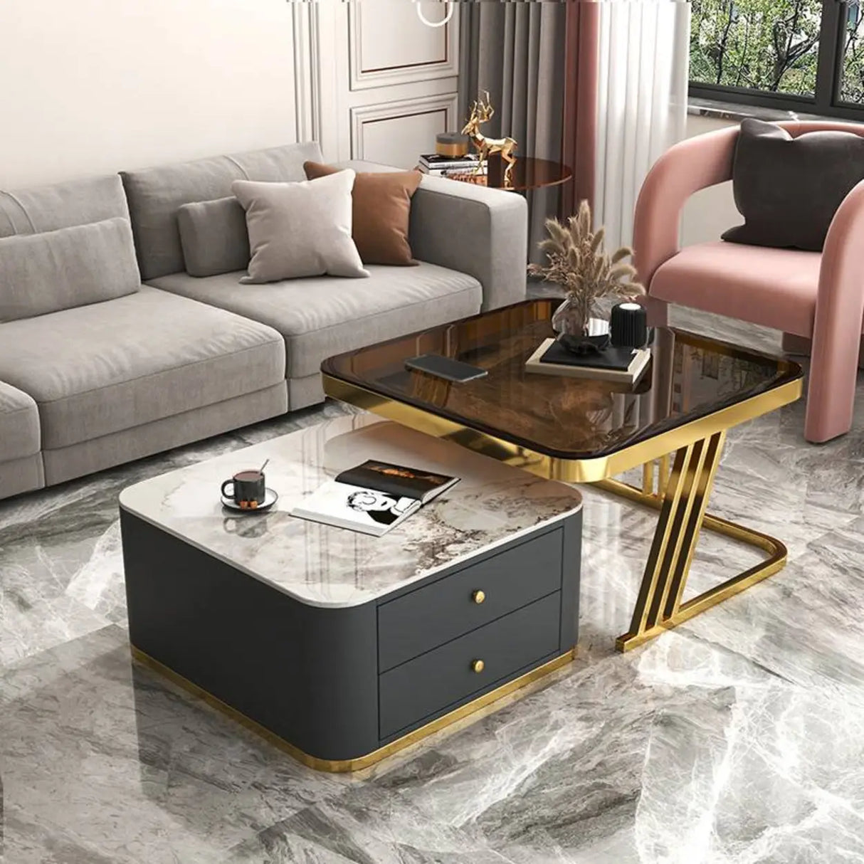 Square Glass Top Steel Frame Nesting Tables with Drawer Image - 14