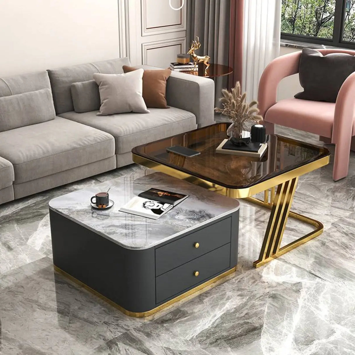 Square Glass Top Steel Frame Nesting Tables with Drawer Image - 15