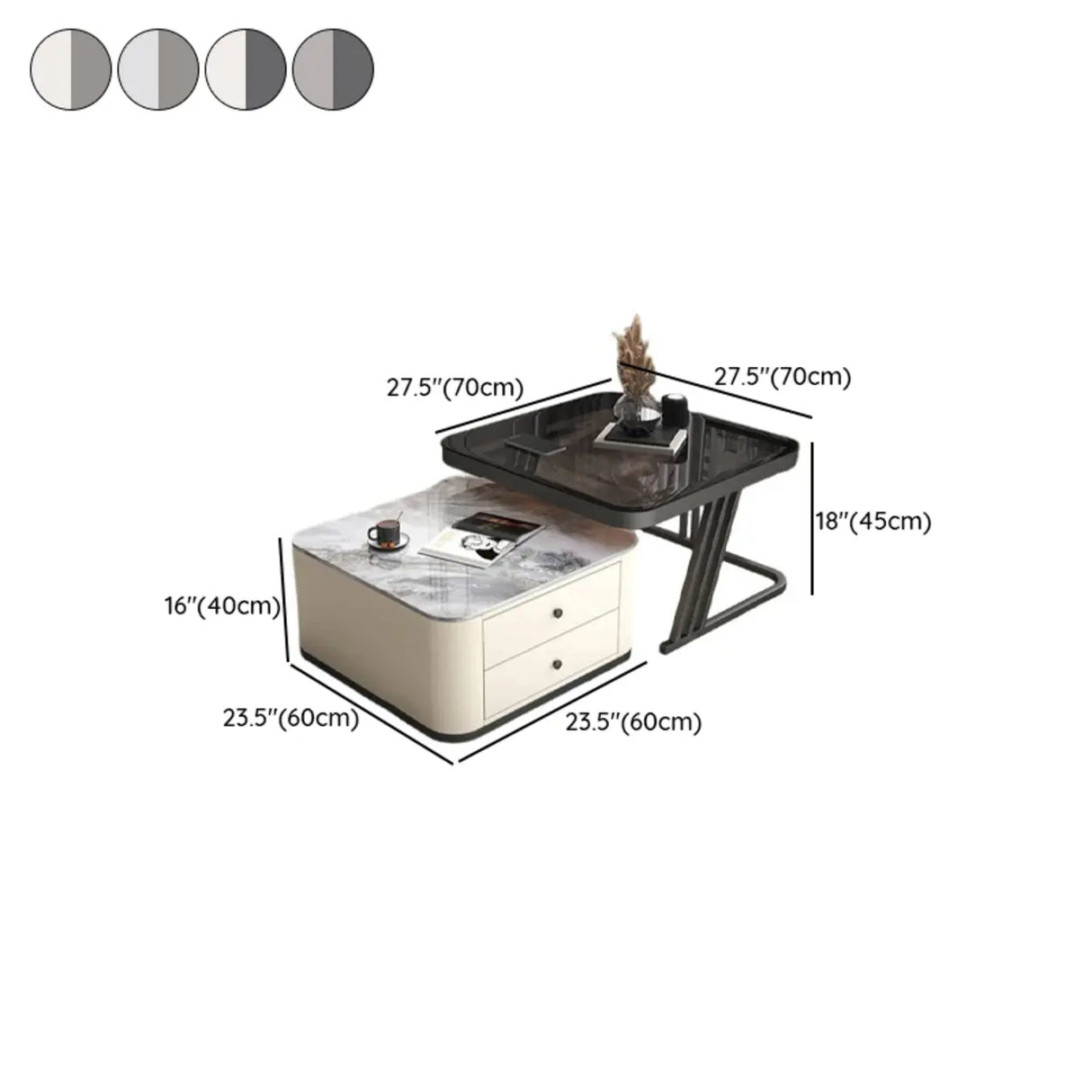 Square Glass Top Steel Frame Nesting Tables with Drawer