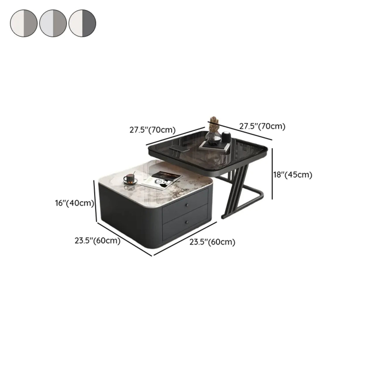 Square Glass Top Steel Frame Nesting Tables with Drawer Image - 19