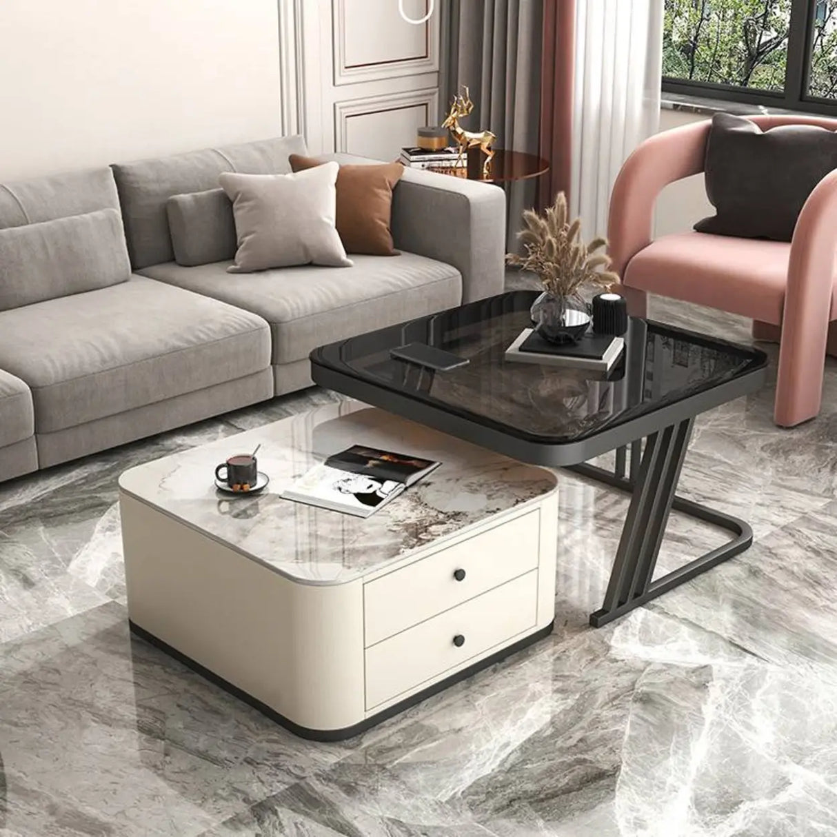Square Glass Top Steel Frame Nesting Tables with Drawer Image - 1