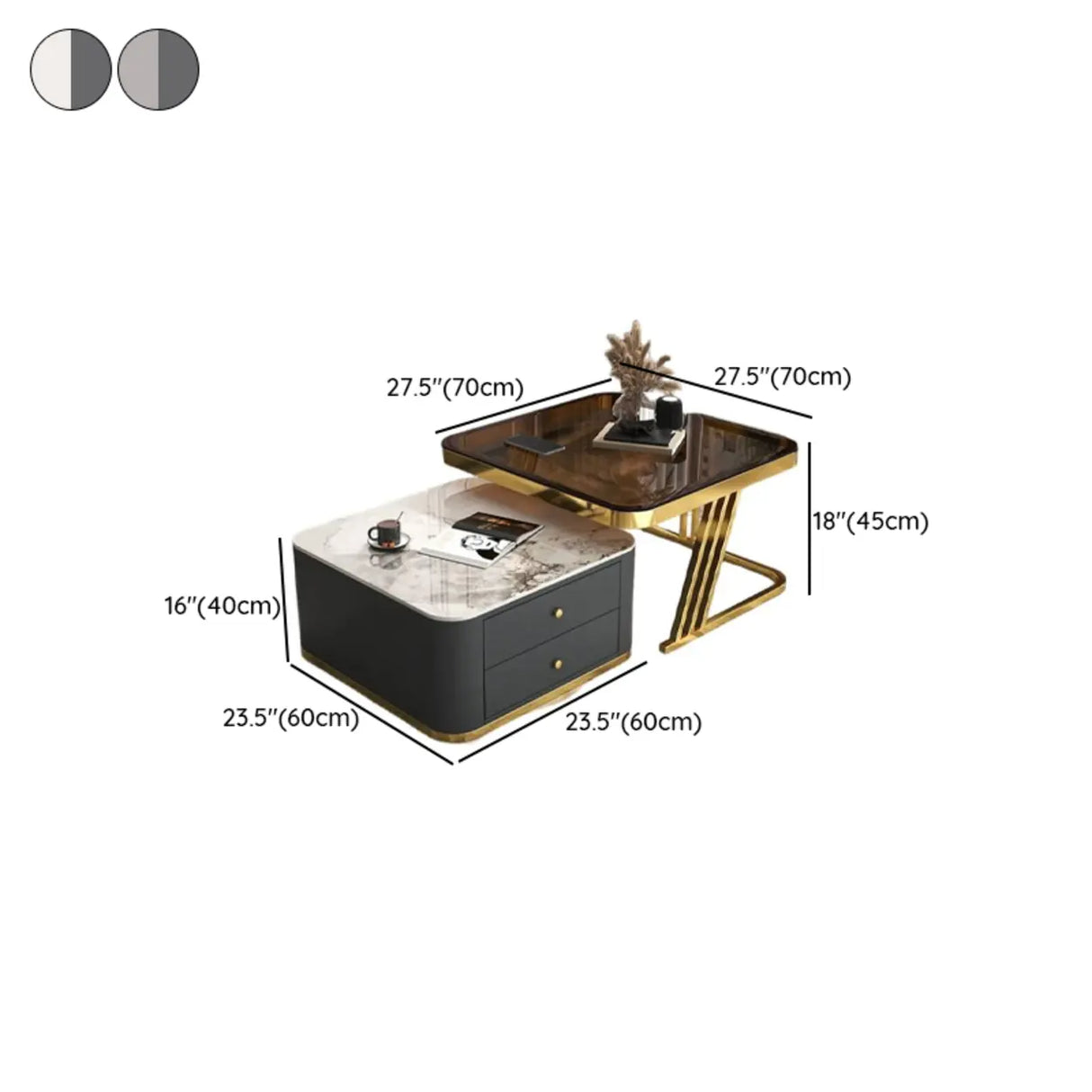 Square Glass Top Steel Frame Nesting Tables with Drawer Image - 20