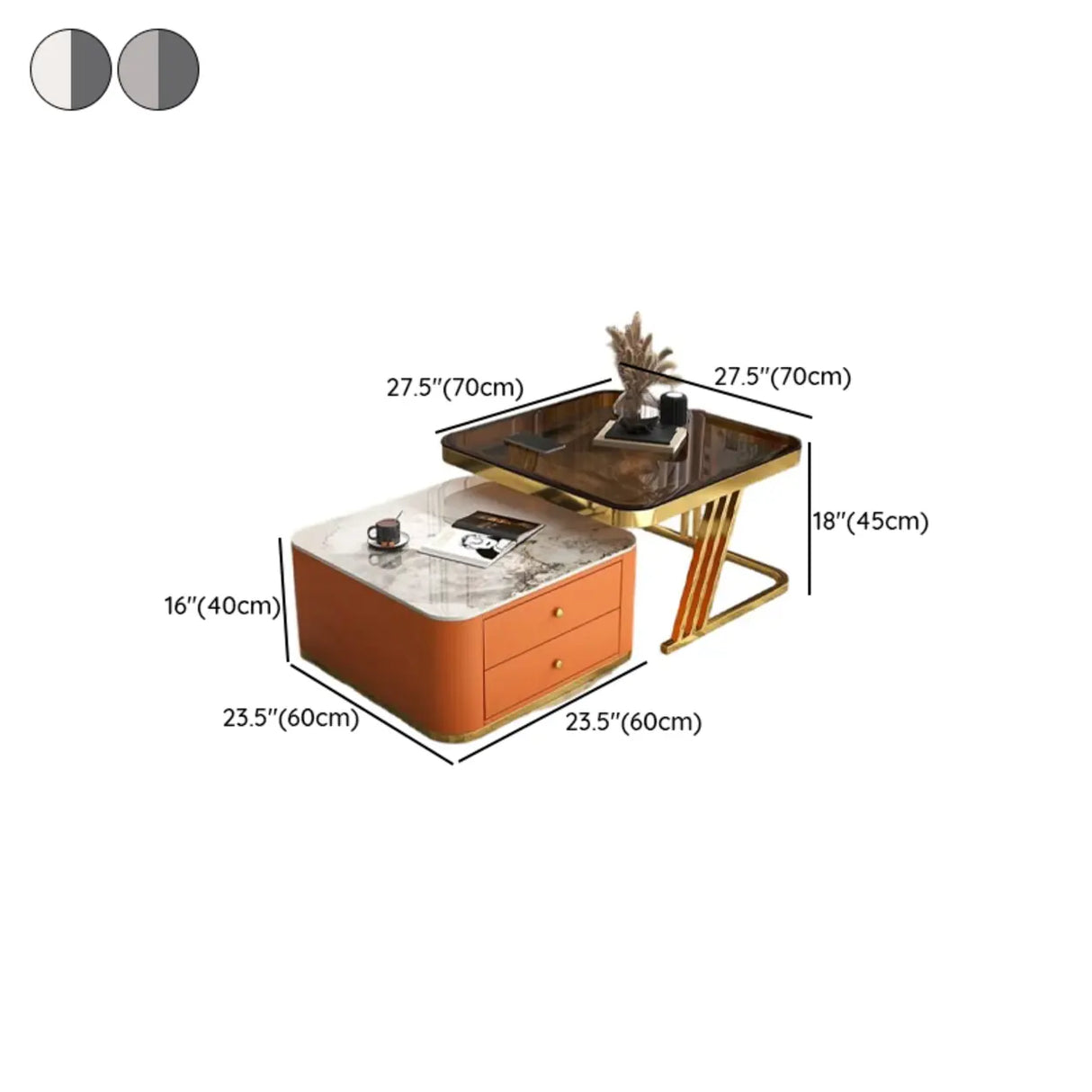 Square Glass Top Steel Frame Nesting Tables with Drawer Image - 21