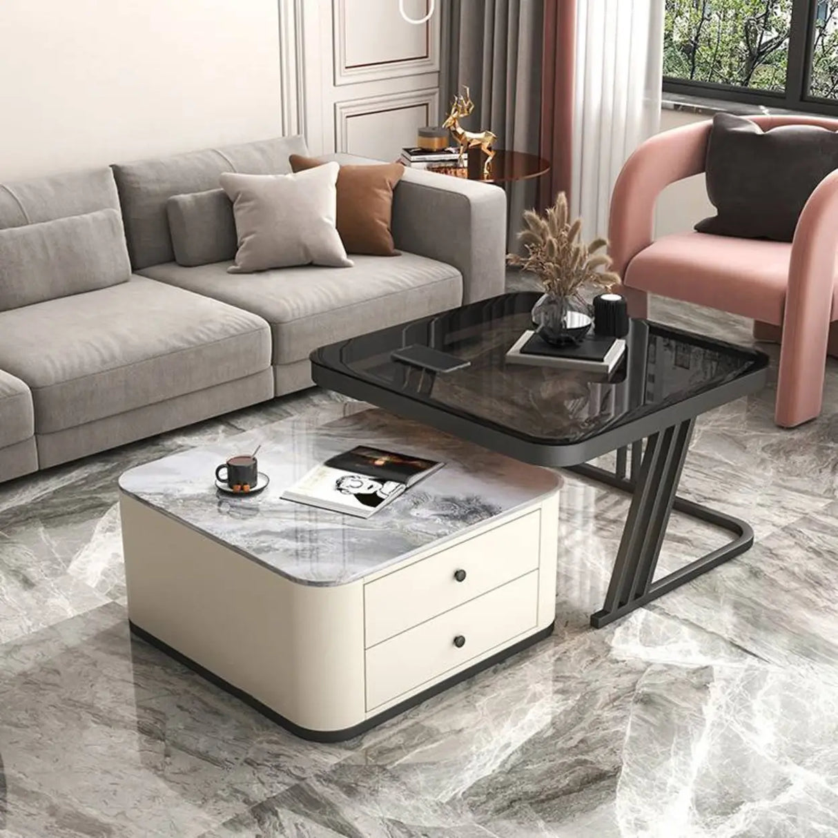 Square Glass Top Steel Frame Nesting Tables with Drawer Image - 4