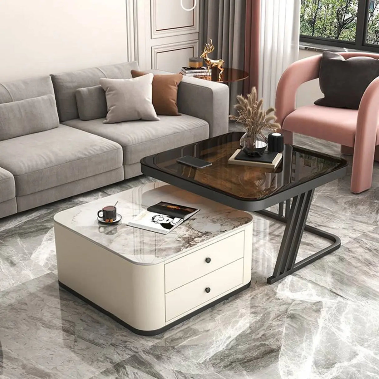 Square Glass Top Steel Frame Nesting Tables with Drawer Image - 5