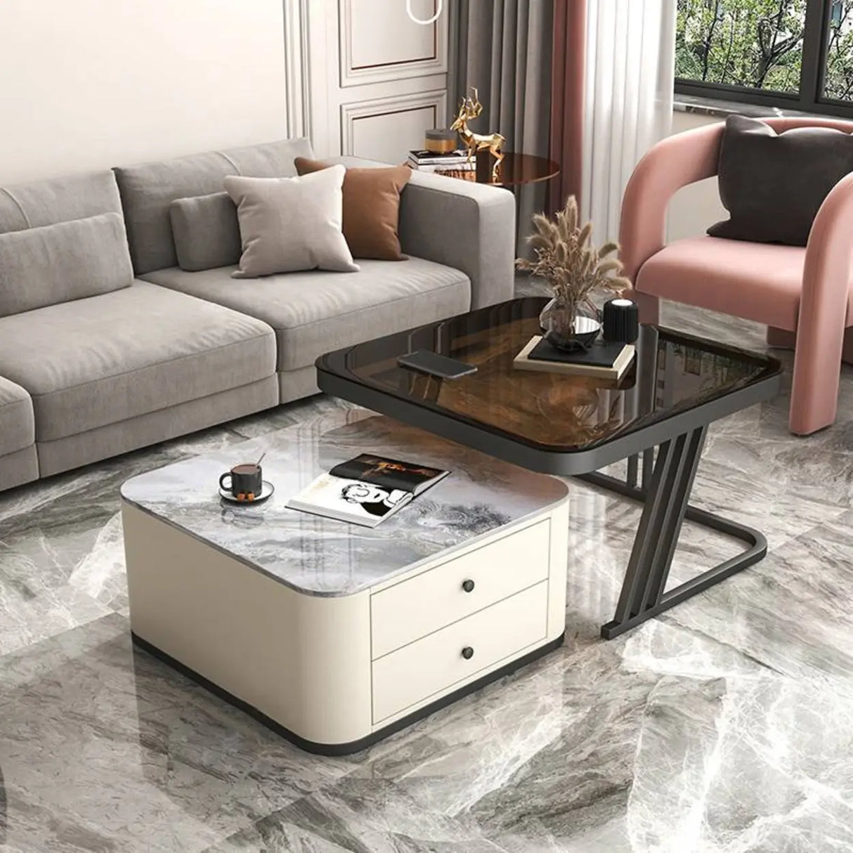 Square Glass Top Steel Frame Nesting Tables with Drawer Image - 8