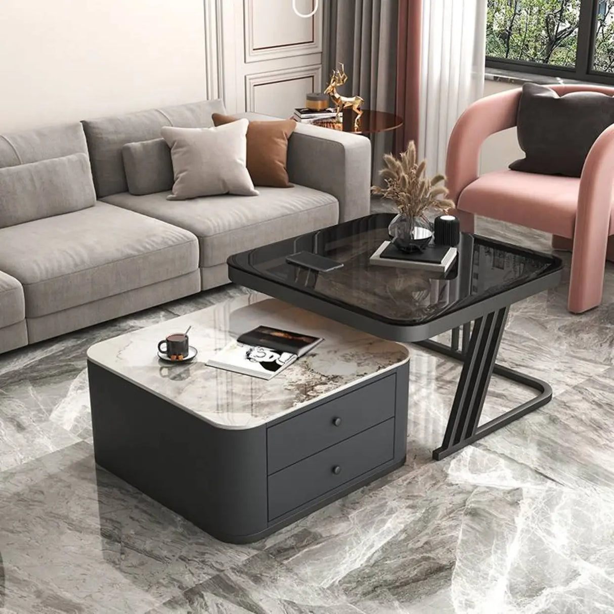 Square Glass Top Steel Frame Nesting Tables with Drawer Image - 9