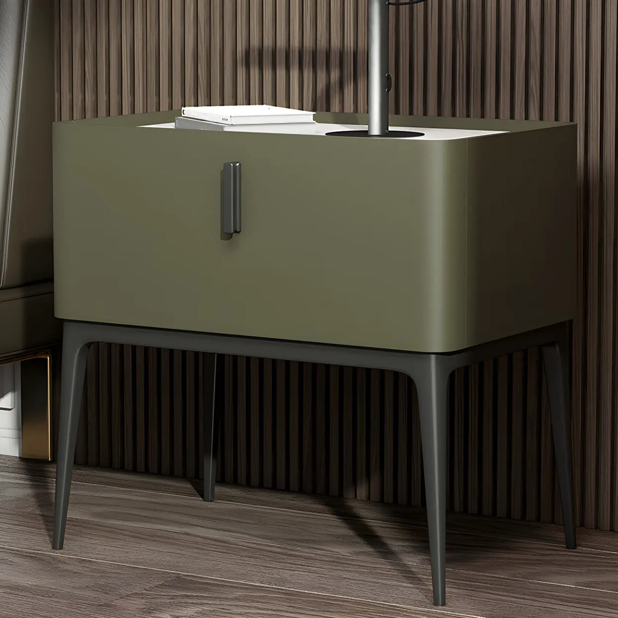 Square Marble Top Beige Drawer Storage Modern Nightstand Image - 12