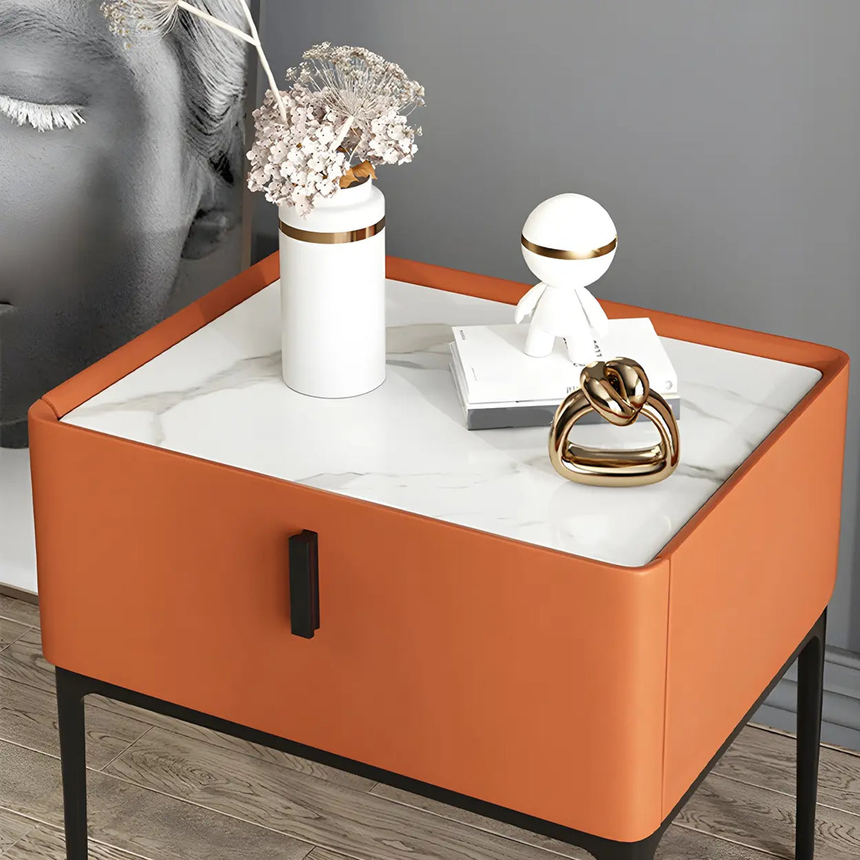 Square Marble Top Beige Drawer Storage Modern Nightstand Image - 15