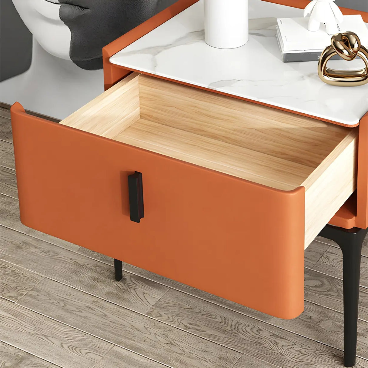 Square Marble Top Beige Drawer Storage Modern Nightstand Image - 17