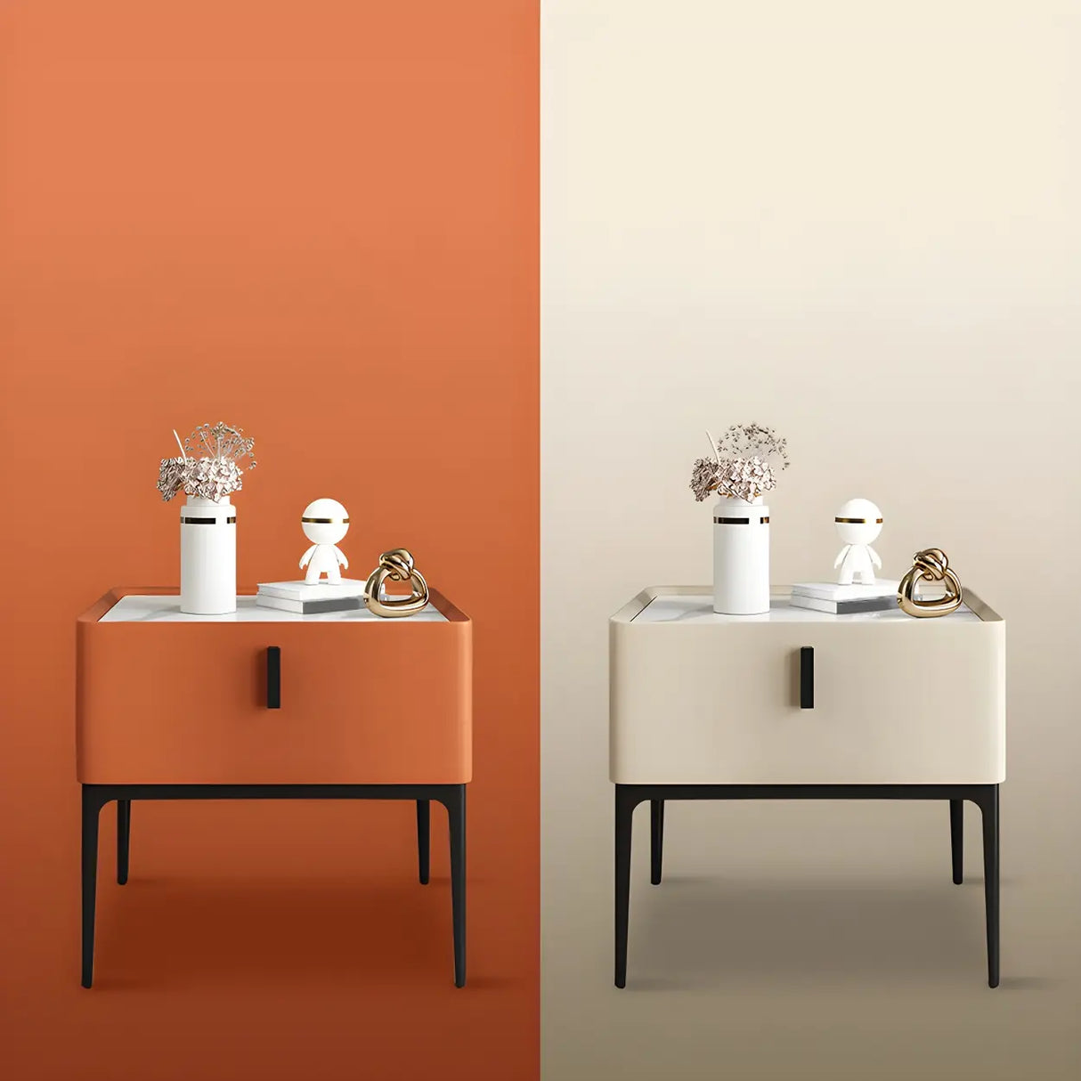 Square Marble Top Beige Drawer Storage Modern Nightstand Image - 20