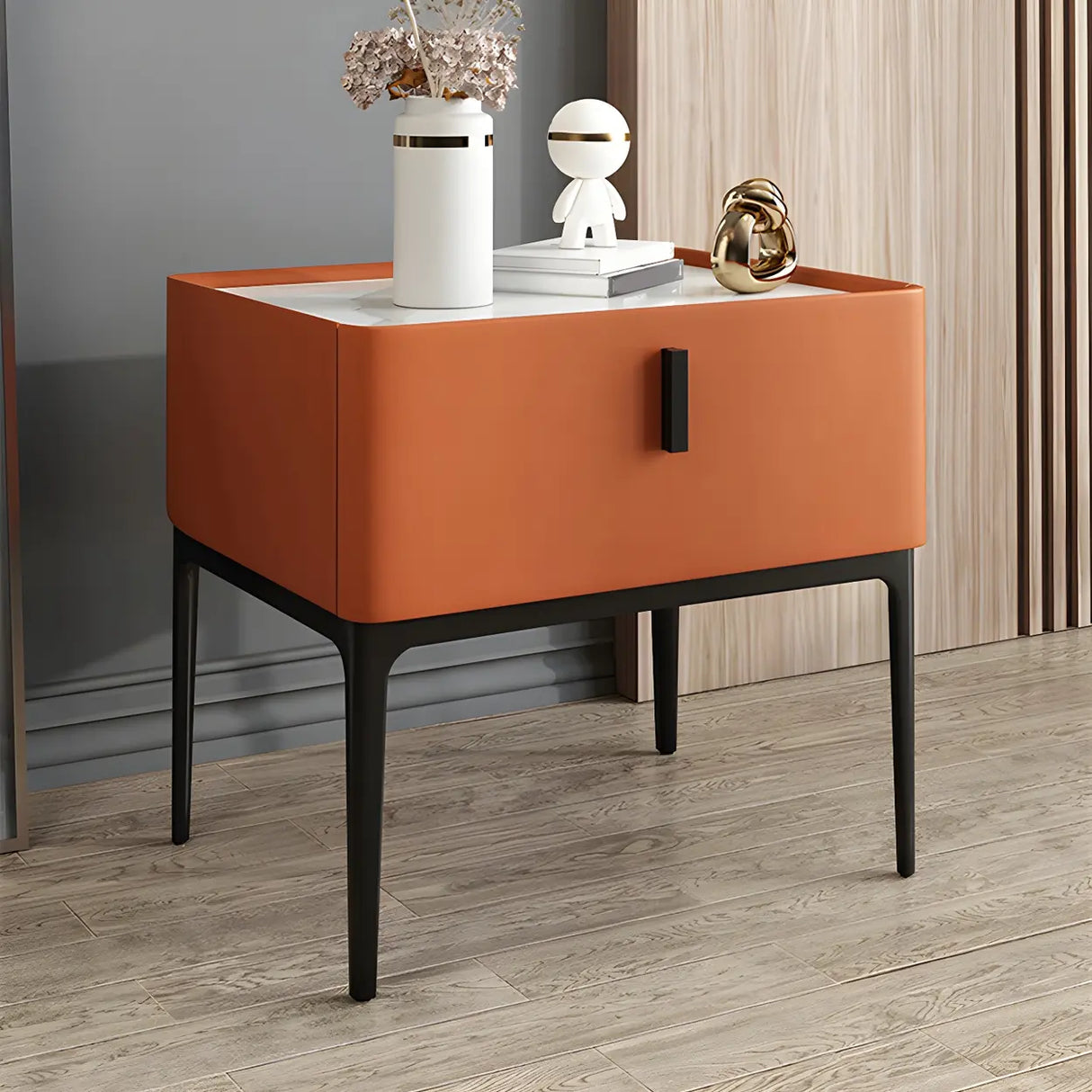 Square Marble Top Beige Drawer Storage Modern Nightstand Image - 21