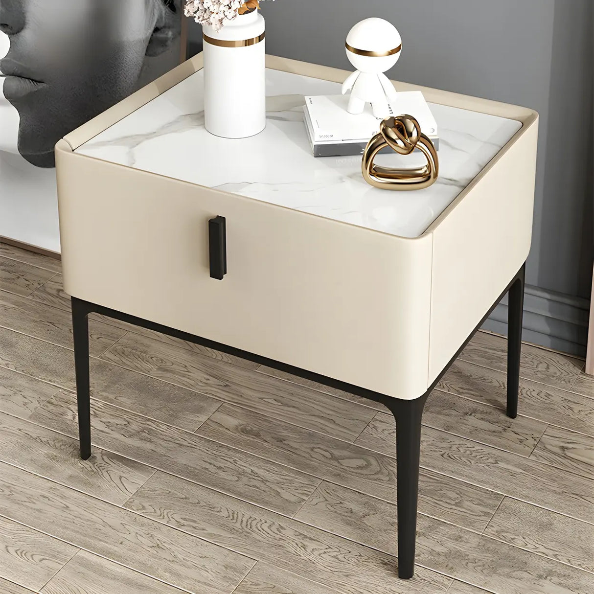Square Marble Top Beige Drawer Storage Modern Nightstand Image - 1
