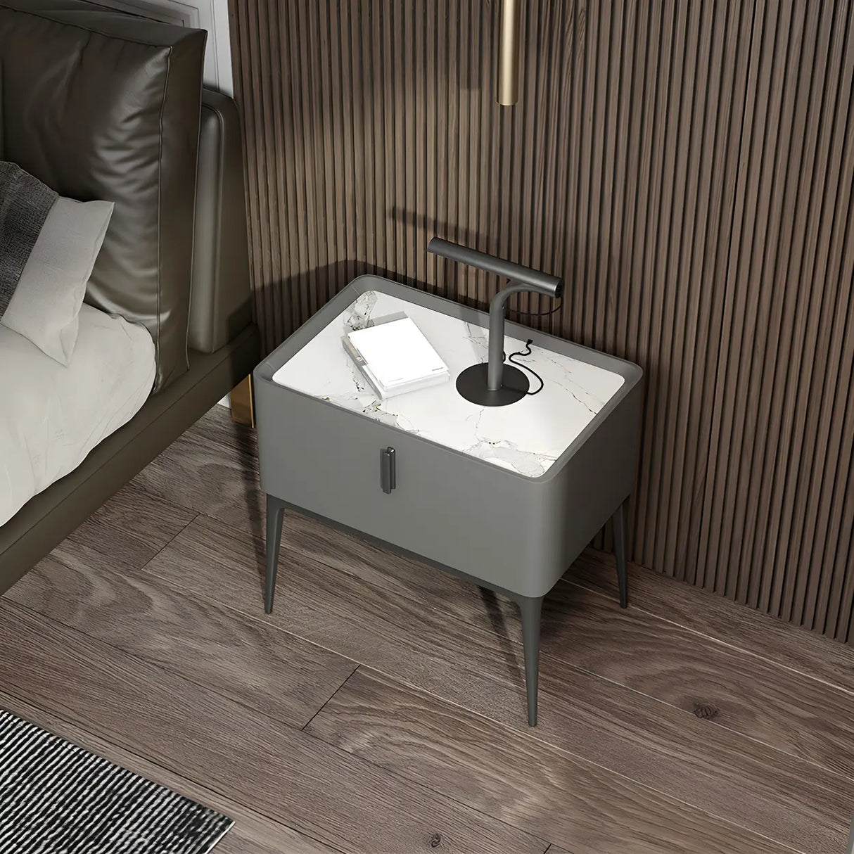 Square Marble Top Beige Drawer Storage Modern Nightstand Image - 25