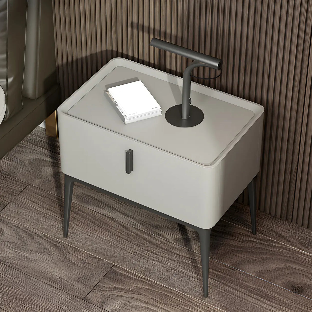 Square Marble Top Beige Drawer Storage Modern Nightstand Image - 2