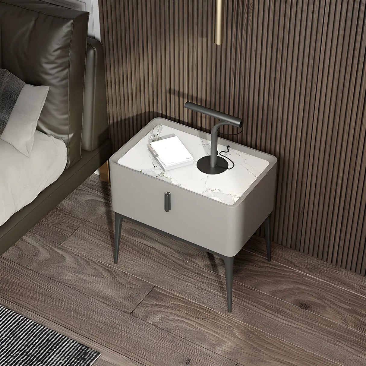 Square Marble Top Beige Drawer Storage Modern Nightstand Image - 4