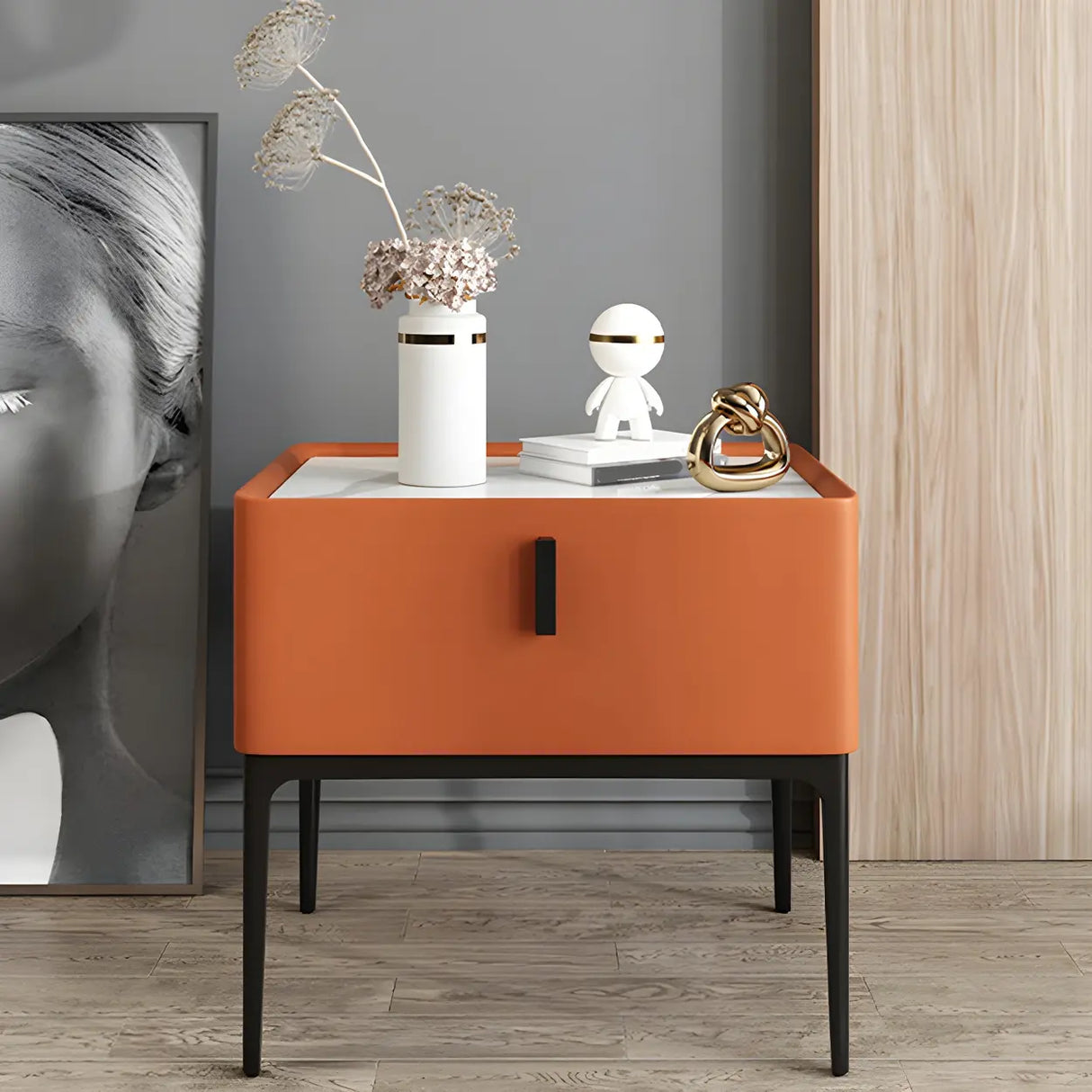 Square Marble Top Beige Drawer Storage Modern Nightstand Image - 6