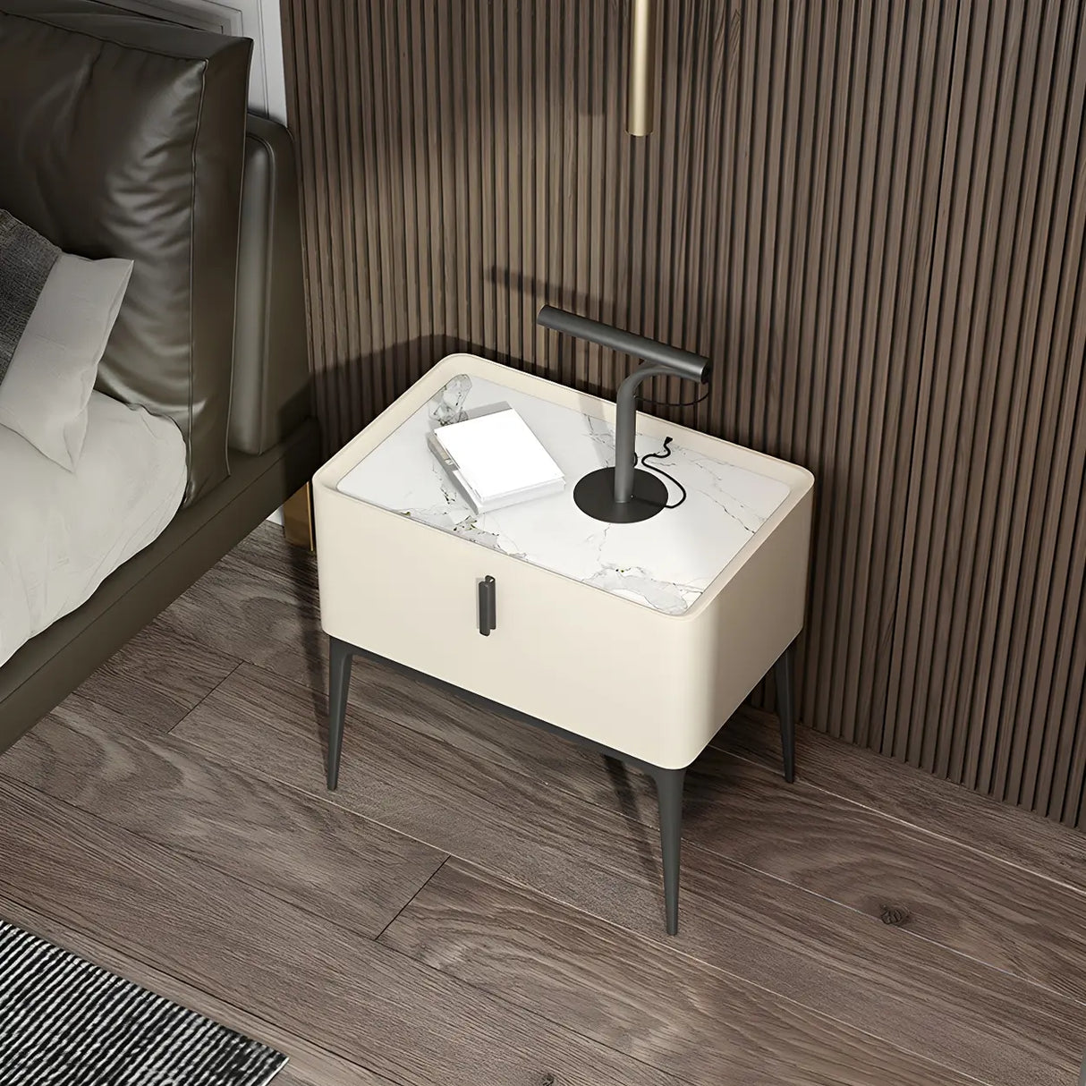 Square Marble Top Beige Drawer Storage Modern Nightstand Image - 7