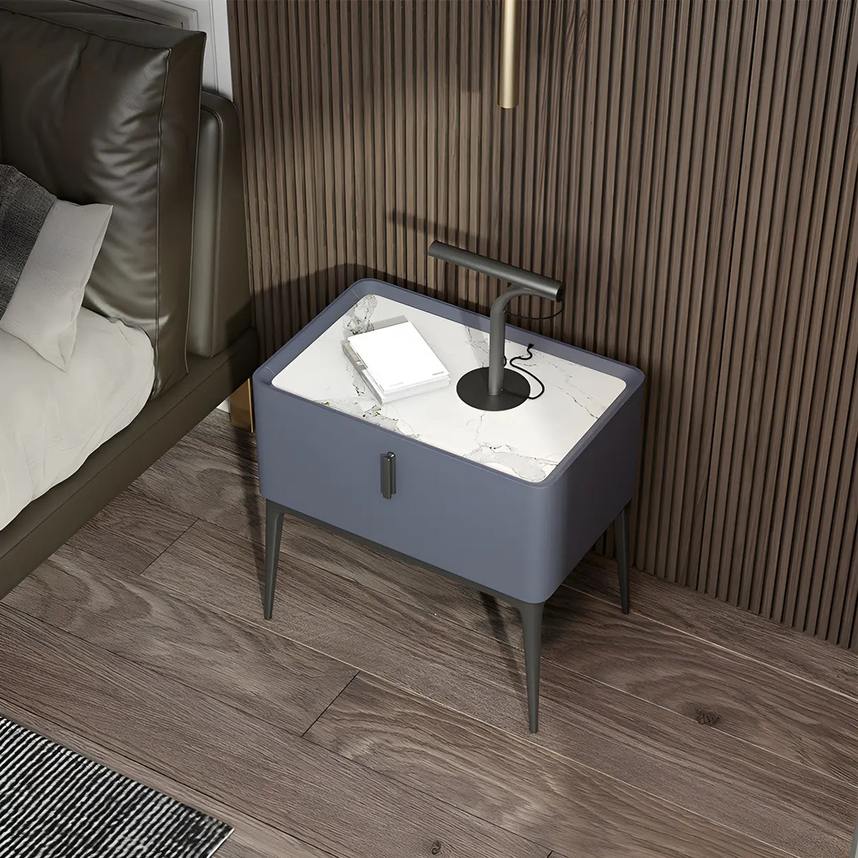 Square Marble Top Beige Drawer Storage Modern Nightstand Image - 9
