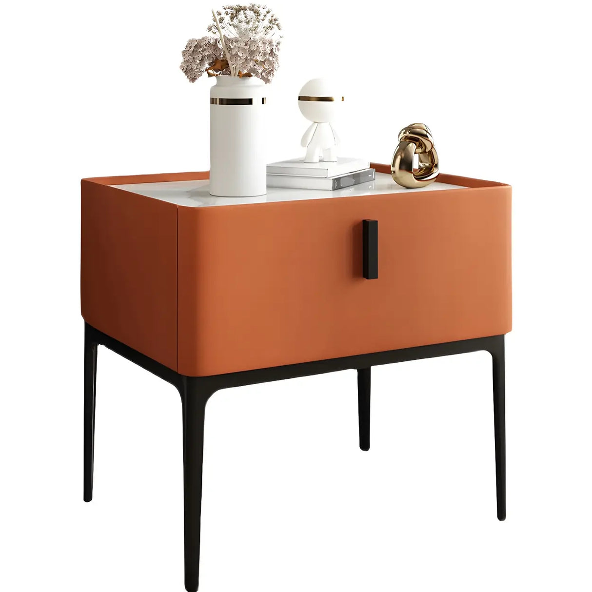 Square Marble Top Beige Drawer Storage Modern Nightstand Image - 10