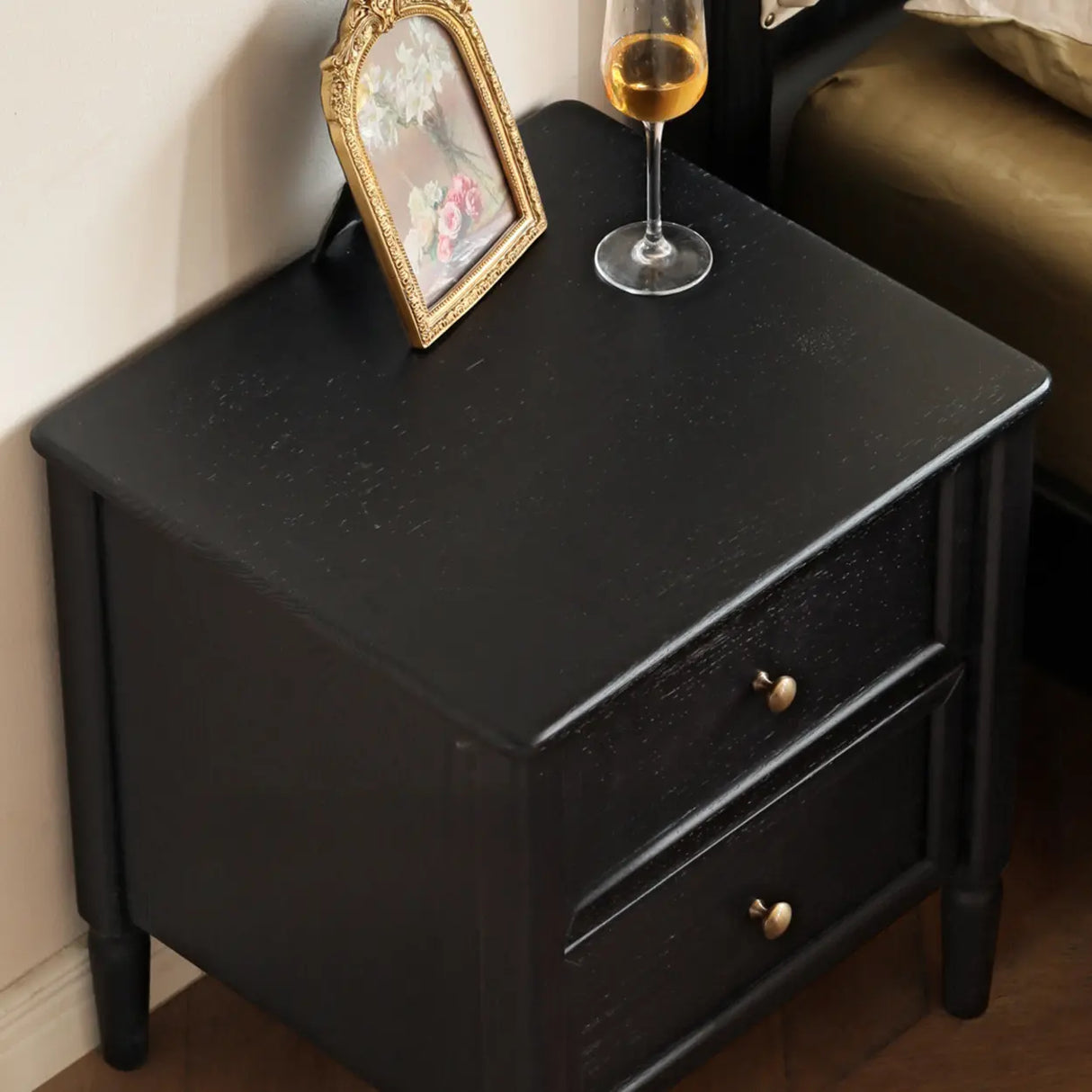 Square Oak wood Black 2-Drawer Bedside Cabinet with Legs Image - 4