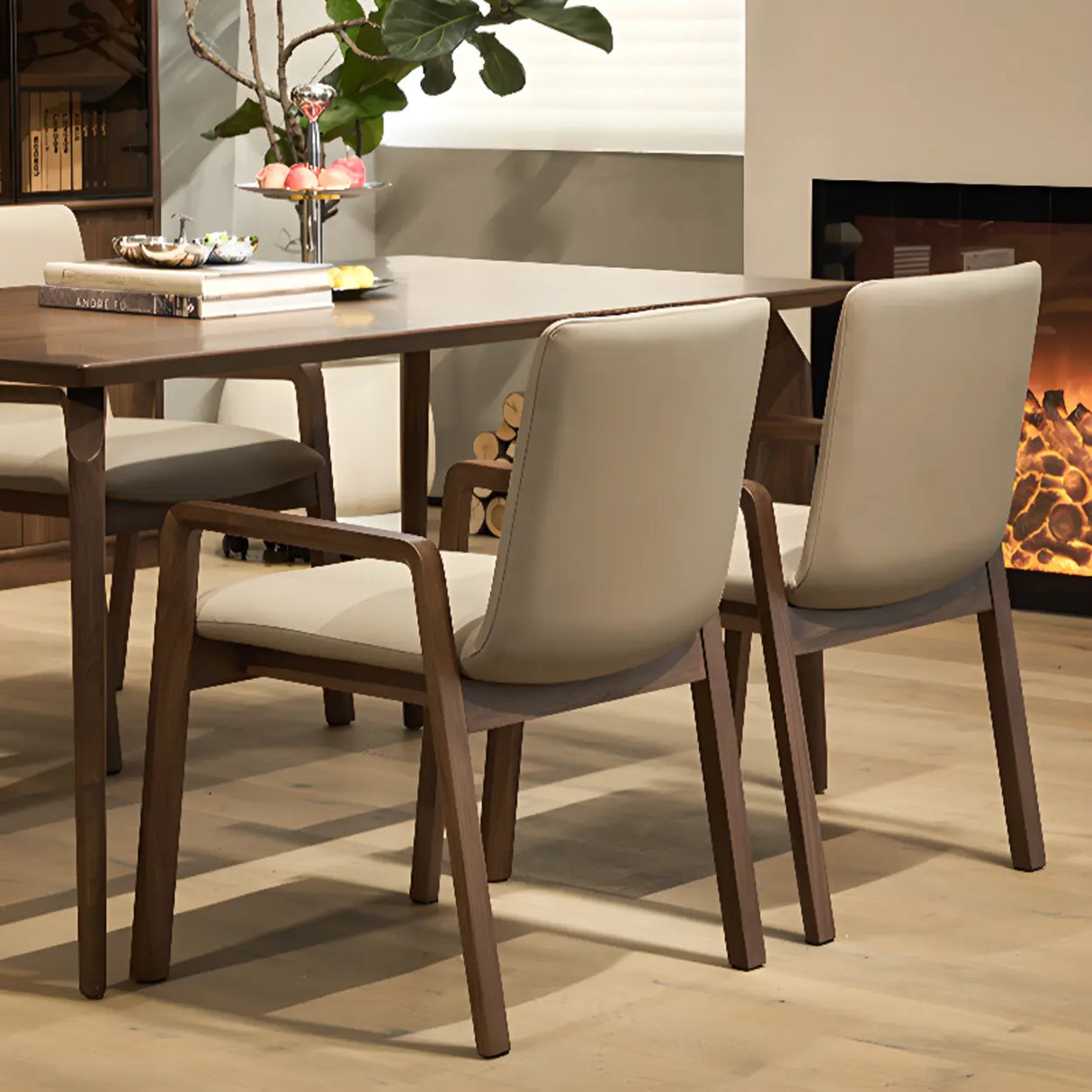 Square Off-White Leather Seat Armrest Wood Dining Chair Image - 10