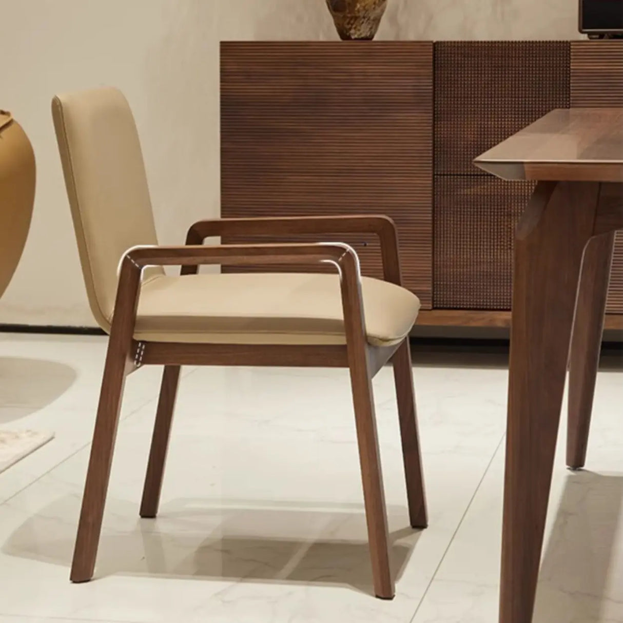 Square Off-White Leather Seat Armrest Wood Dining Chair Image - 11