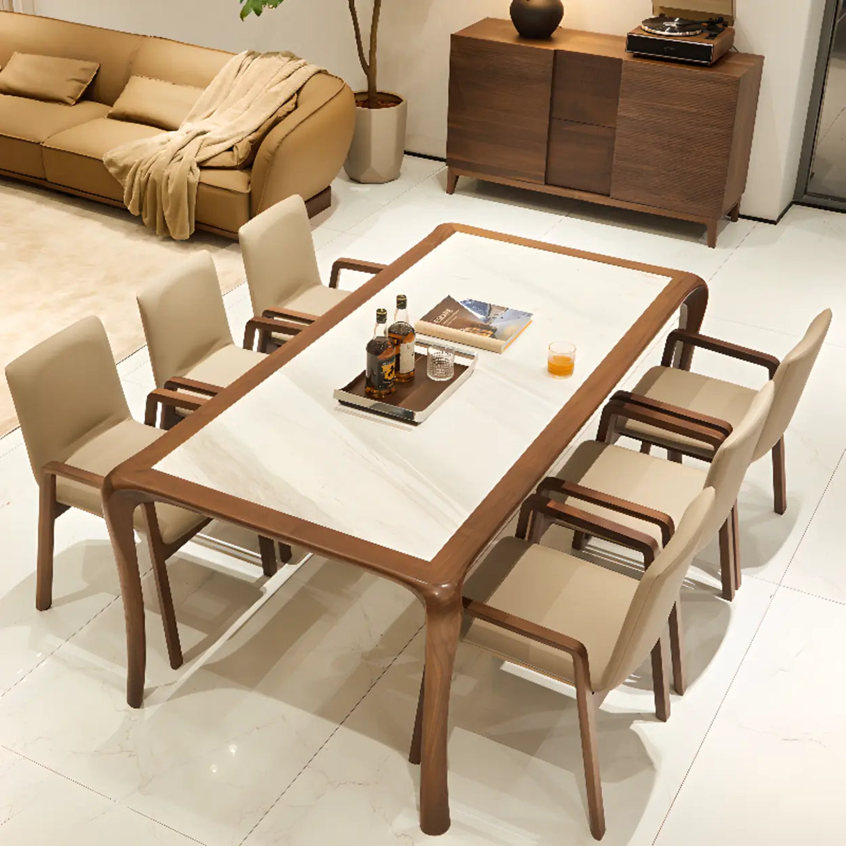 Square Off-White Leather Seat Armrest Wood Dining Chair Image - 1