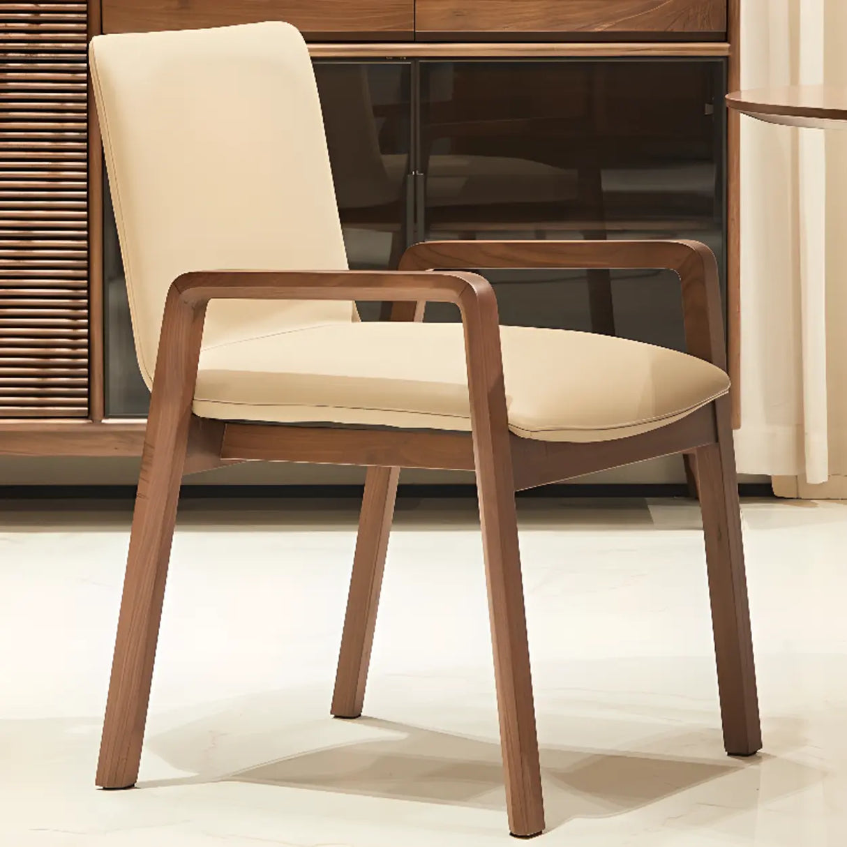 Square Off-White Leather Seat Armrest Wood Dining Chair Image - 2