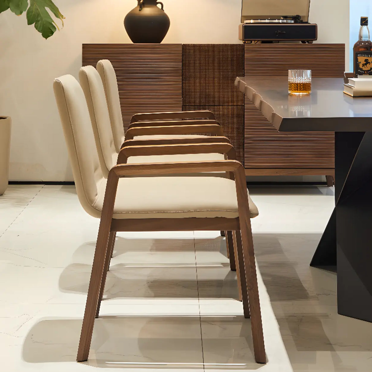 Square Off-White Leather Seat Armrest Wood Dining Chair Image - 3