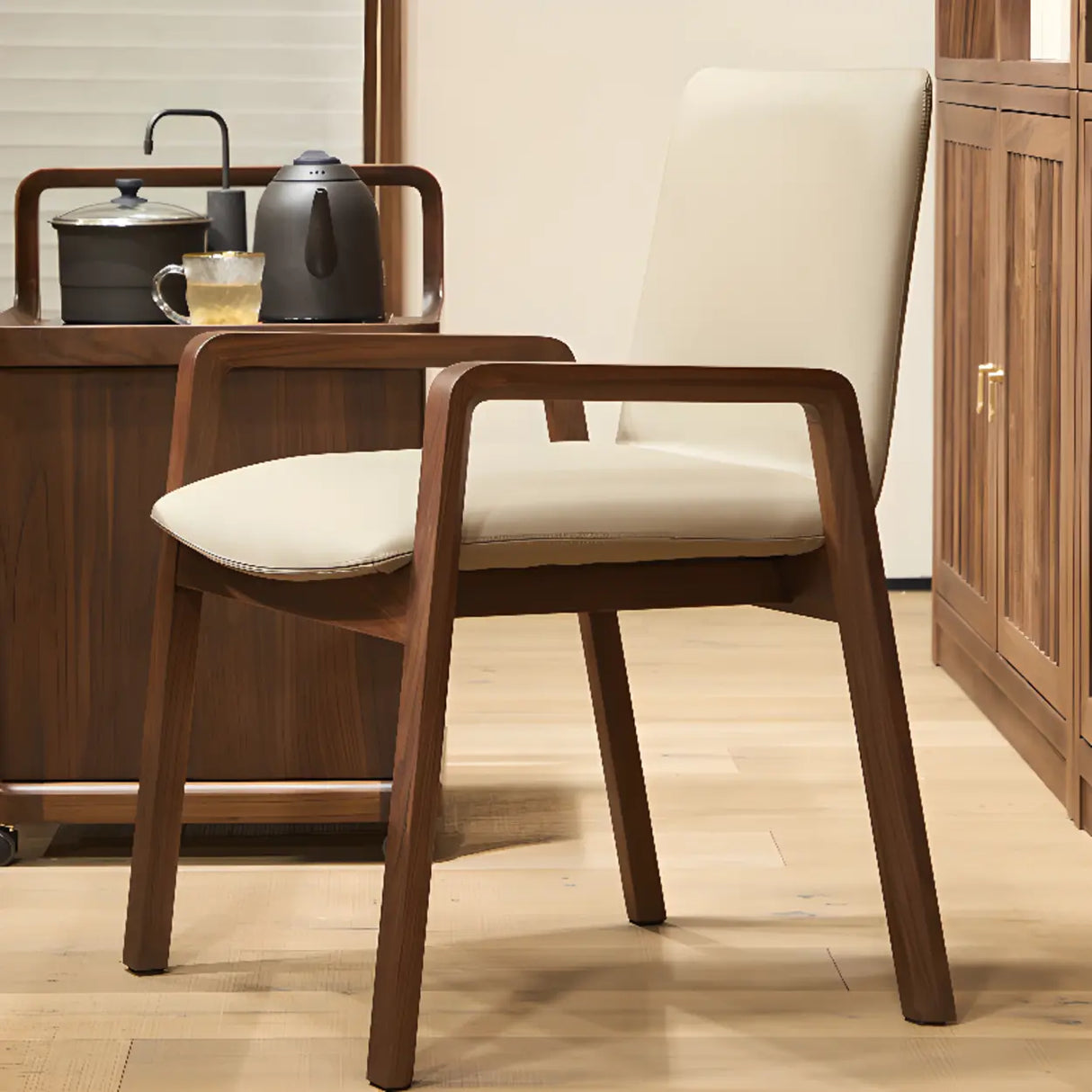 Square Off-White Leather Seat Armrest Wood Dining Chair Image - 4