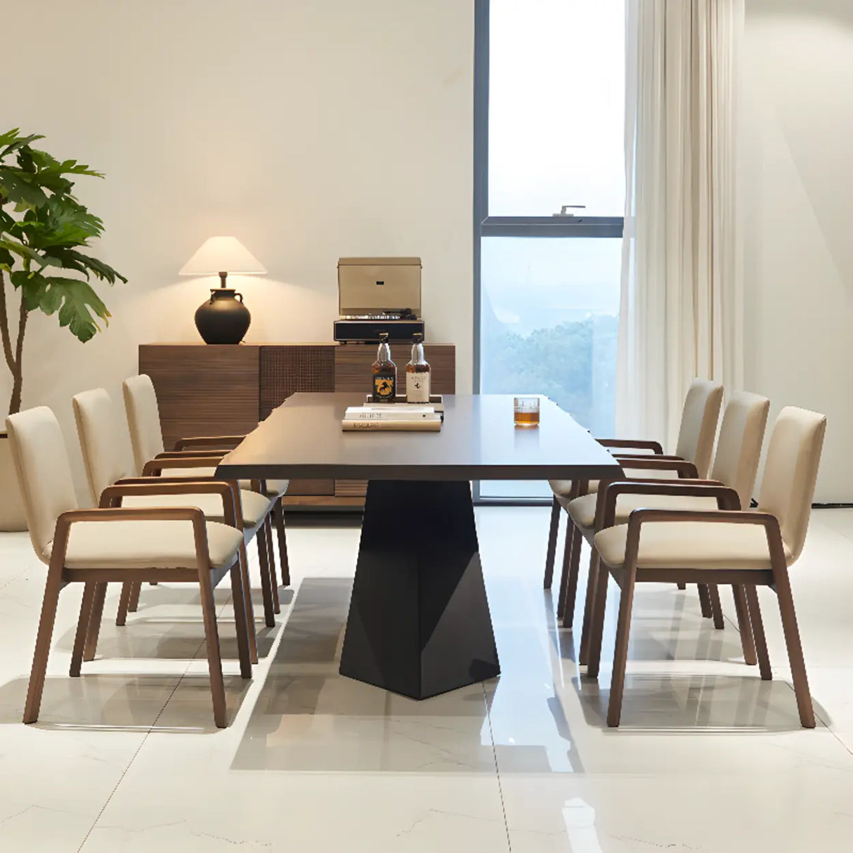 Square Off-White Leather Seat Armrest Wood Dining Chair Image - 6