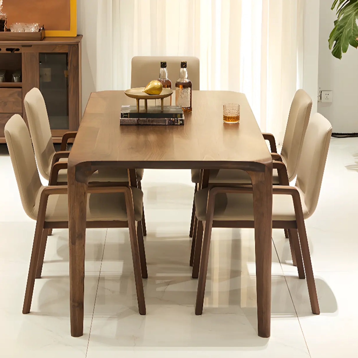 Square Off-White Leather Seat Armrest Wood Dining Chair Image - 7