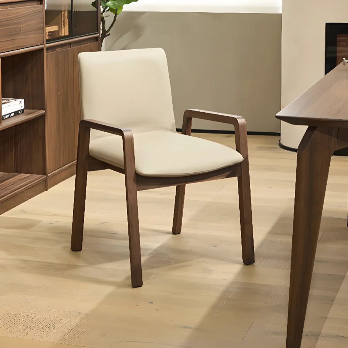 Square Off-White Leather Seat Armrest Wood Dining Chair Image - 8